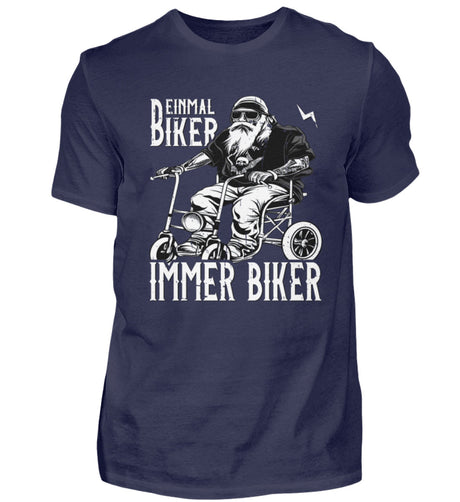 Ein Biker T-Shirt für Motorradfahrer von Wingbikers mit dem Aufdruck, Einmal Biker - Immer Biker - in navy.