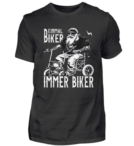 Ein Biker T-Shirt für Motorradfahrer von Wingbikers mit dem Aufdruck, Einmal Biker - Immer Biker - in schwarz.