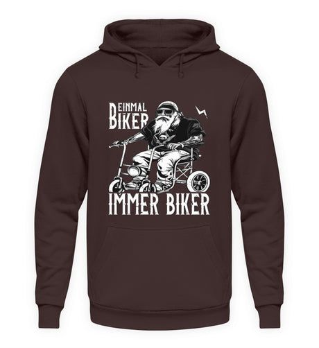 Ein Biker Hoodie für Motorradfahrer von Wingbikers mit dem Aufdruck, Einmal Biker - Immer Biker - in braun.
