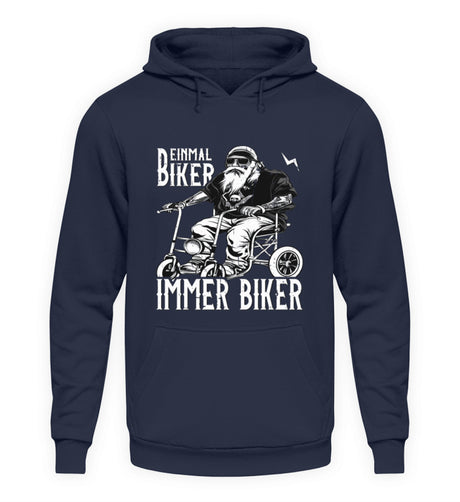 Ein Biker Hoodie für Motorradfahrer von Wingbikers mit dem Aufdruck, Einmal Biker - Immer Biker - in navy.