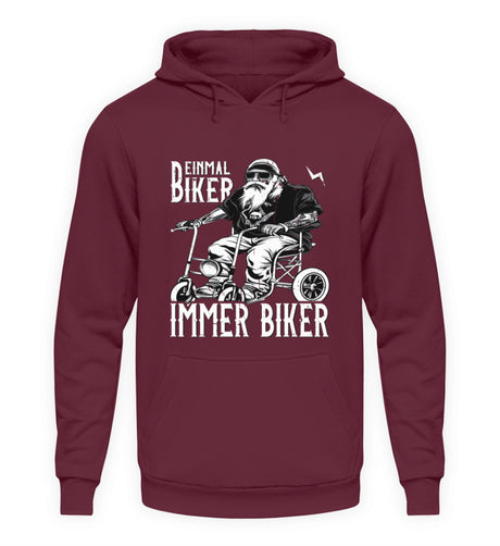Ein Biker Hoodie für Motorradfahrer von Wingbikers mit dem Aufdruck, Einmal Biker - Immer Biker - in weinrot.