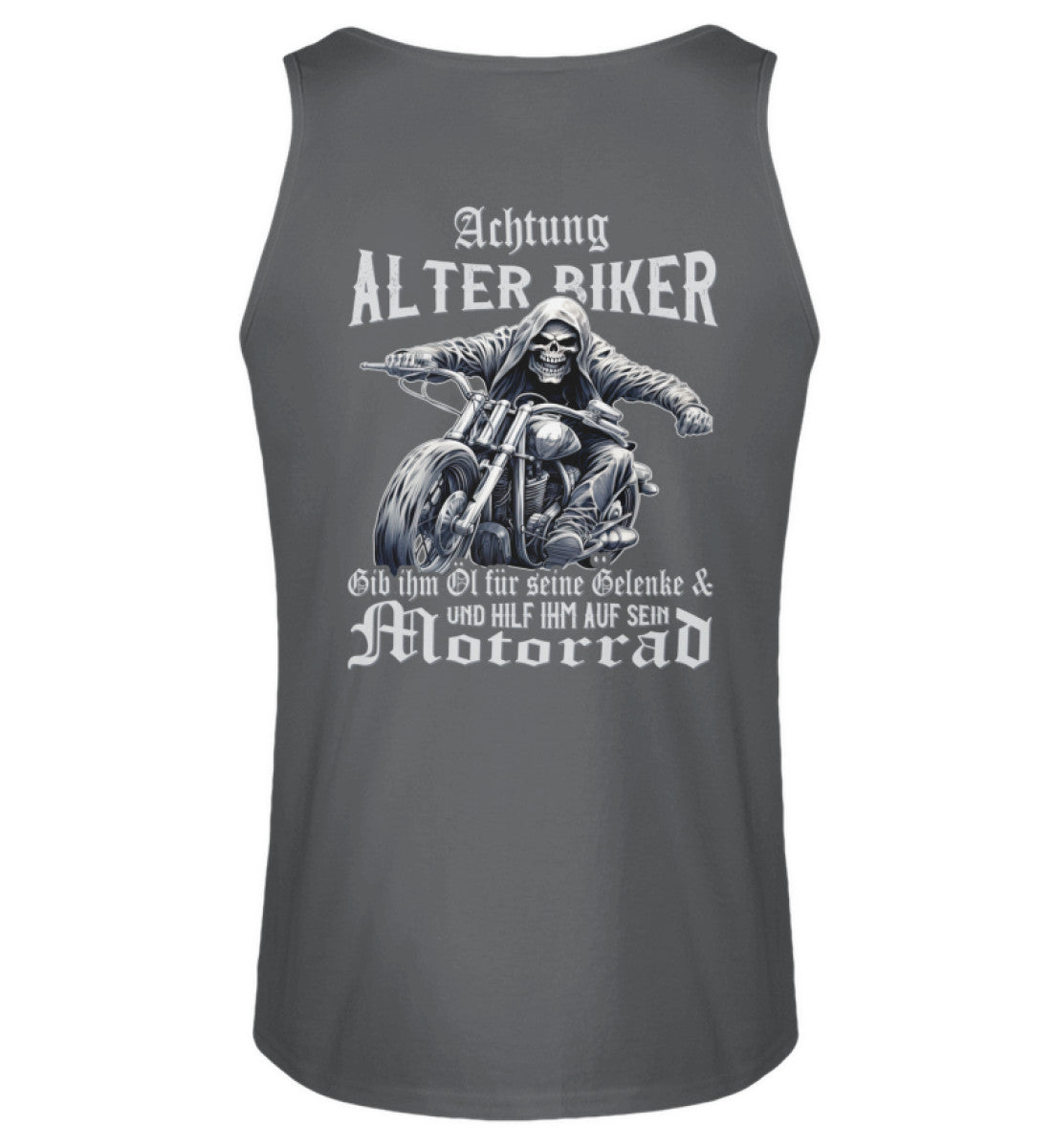 Ein Biker Tanktop für Motorradfahrer von Wingbikers mit dem Aufdruck, Achtung alter Biker - Gib ihm Öl und hilf ihm auf sein Motorrad - mit Back Print, in dunkelgrau.