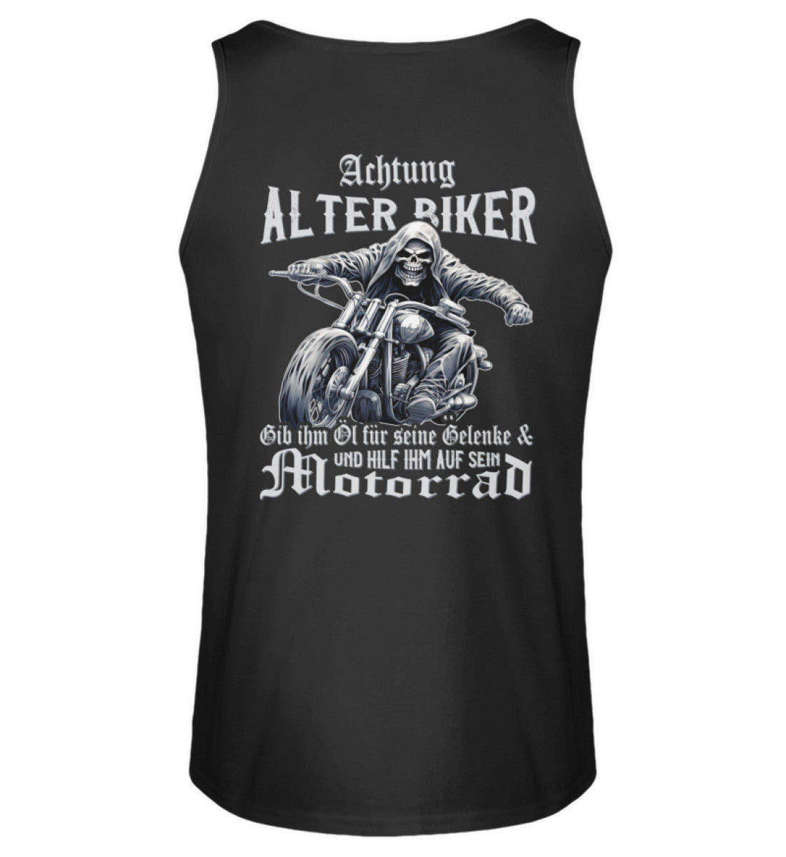 Ein Biker Tanktop für Motorradfahrer von Wingbikers mit dem Aufdruck, Achtung alter Biker - Gib ihm Öl und hilf ihm auf sein Motorrad - mit Back Print, in schwarz.