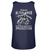 Ein Biker Tanktop für Motorradfahrer von Wingbikers mit dem Aufdruck, Achtung alter Biker - Gib ihm Öl und hilf ihm auf sein Motorrad - mit Back Print, in navy blau.