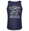 Ein Biker Tanktop für Motorradfahrer von Wingbikers mit dem Aufdruck, Achtung alter Biker - Gib ihm Öl und hilf ihm auf sein Motorrad - mit Back Print, in navy blau.