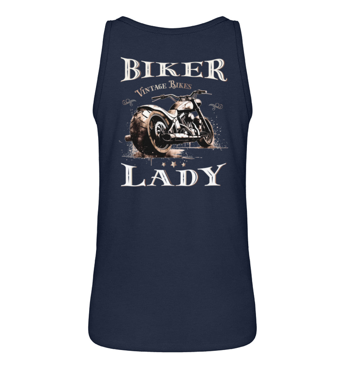 Ein Tanktop für Motorradfahrerinnen von Wingbikers mit dem Aufdruck, Biker Lady - mit einer Chopper im vintage Stil, mit Back Print - in navy blau.