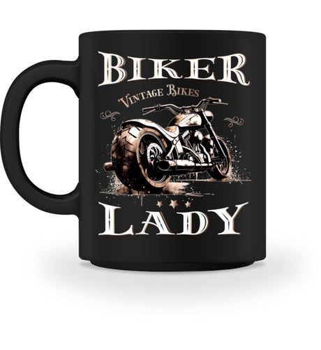 Eine Tasse für Motorradfahrerinnen von Wingbikers, mit dem beidseitigen Aufdruck, Biker Lady - Vintage Chopper, in schwarz.