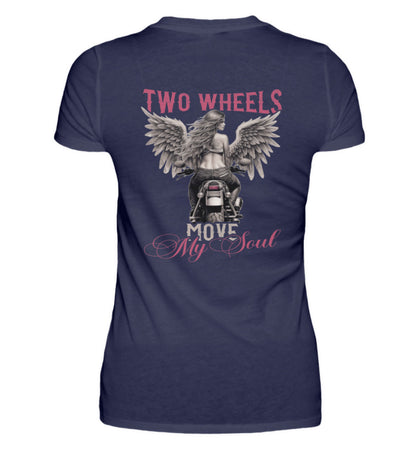 Ein T-Shirt für Motorradfahrerinnen von Wingbikers mit dem Aufdruck, Two Wheels Move My Soul, in navy blau.