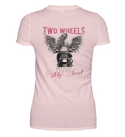 Ein T-Shirt für Motorradfahrerinnen von Wingbikers mit dem Aufdruck, Two Wheels Move My Soul, in rosa.