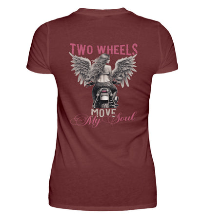 Ein T-Shirt für Motorradfahrerinnen von Wingbikers mit dem Aufdruck, Two Wheels Move My Soul, in weinrot.