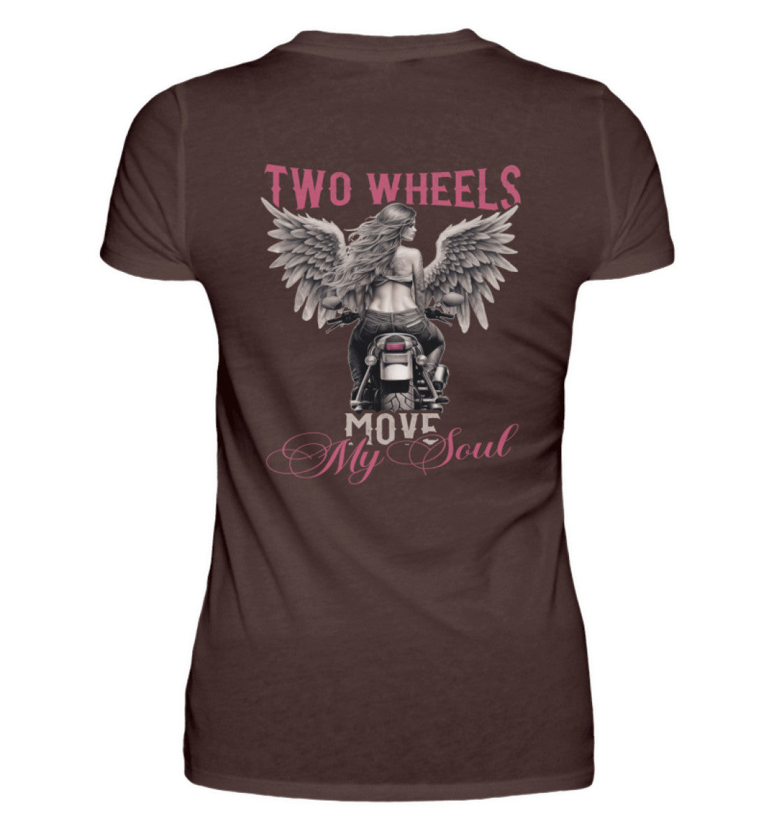 Ein T-Shirt für Motorradfahrerinnen von Wingbikers mit dem Aufdruck, Two Wheels Move My Soul, in braun.