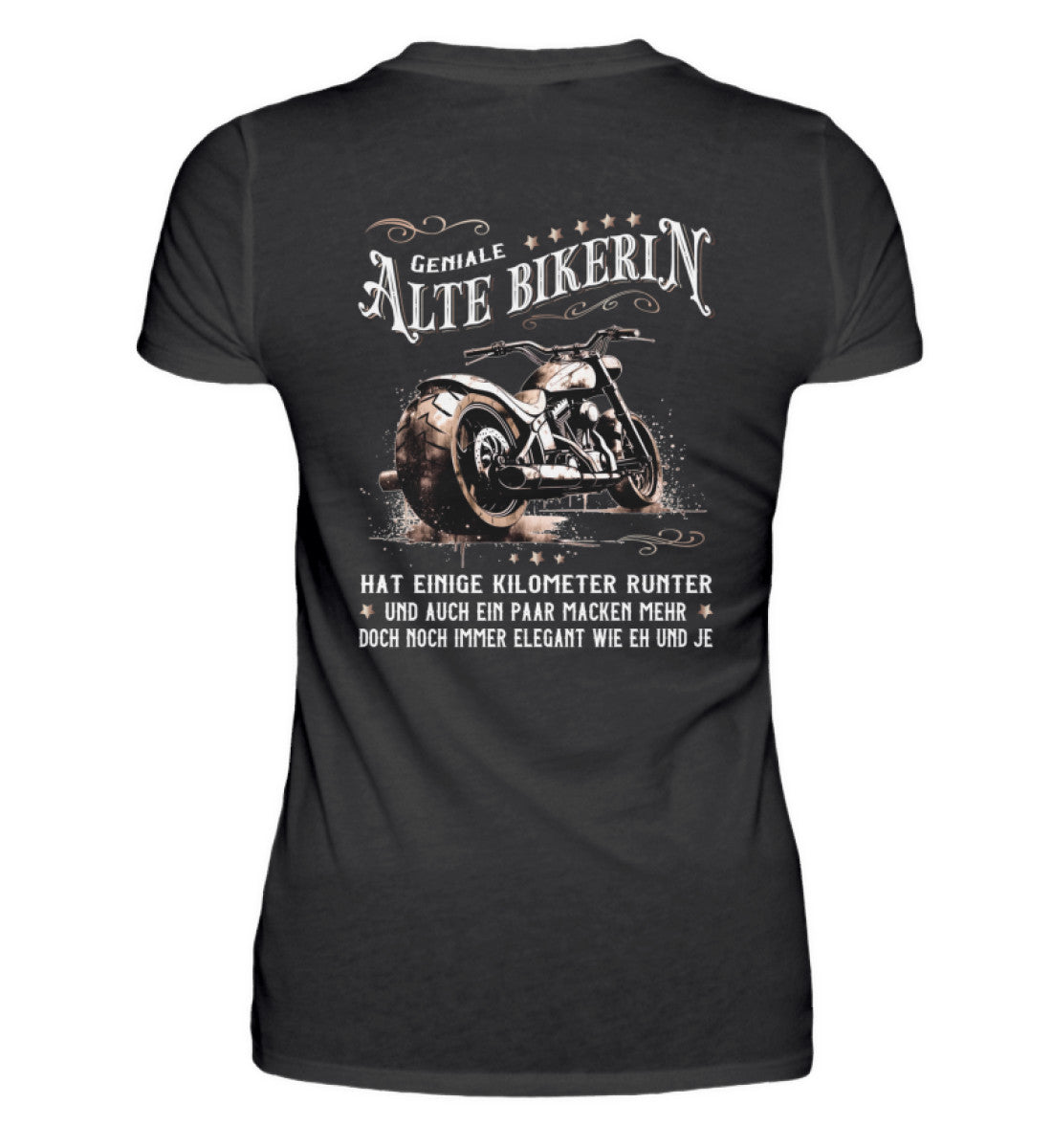 Ein Bikerin T-Shirt für Motorradfahrerinnen von Wingbikers mit dem Aufdruck, Alte Bikerin - Einige Kilometer Runter - Doch elegant wie eh und je - mit Back Print, in schwarz.