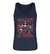 Ein Tanktop für Motorradfahrerinnen von Wingbikers mit dem Aufdruck, Verrückte alte Schachtel, in navy blau.