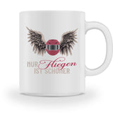 Eine Tasse für Motorradfahrerinnen von Wingbikers, mit dem beidseitigen Aufdruck, Nur fliegen ist schöner, in weiß.