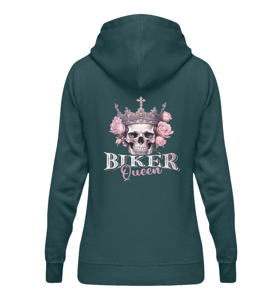 Ein Bikerin Hoodie für Motorradfahrerinnen von Wingbikers mit dem Aufdruck, Biker Queen - mit Back Print, in petrol türkis.