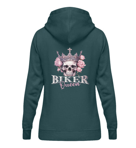 Ein Bikerin Hoodie für Motorradfahrerinnen von Wingbikers mit dem Aufdruck, Biker Queen - mit Back Print, in petrol türkis.