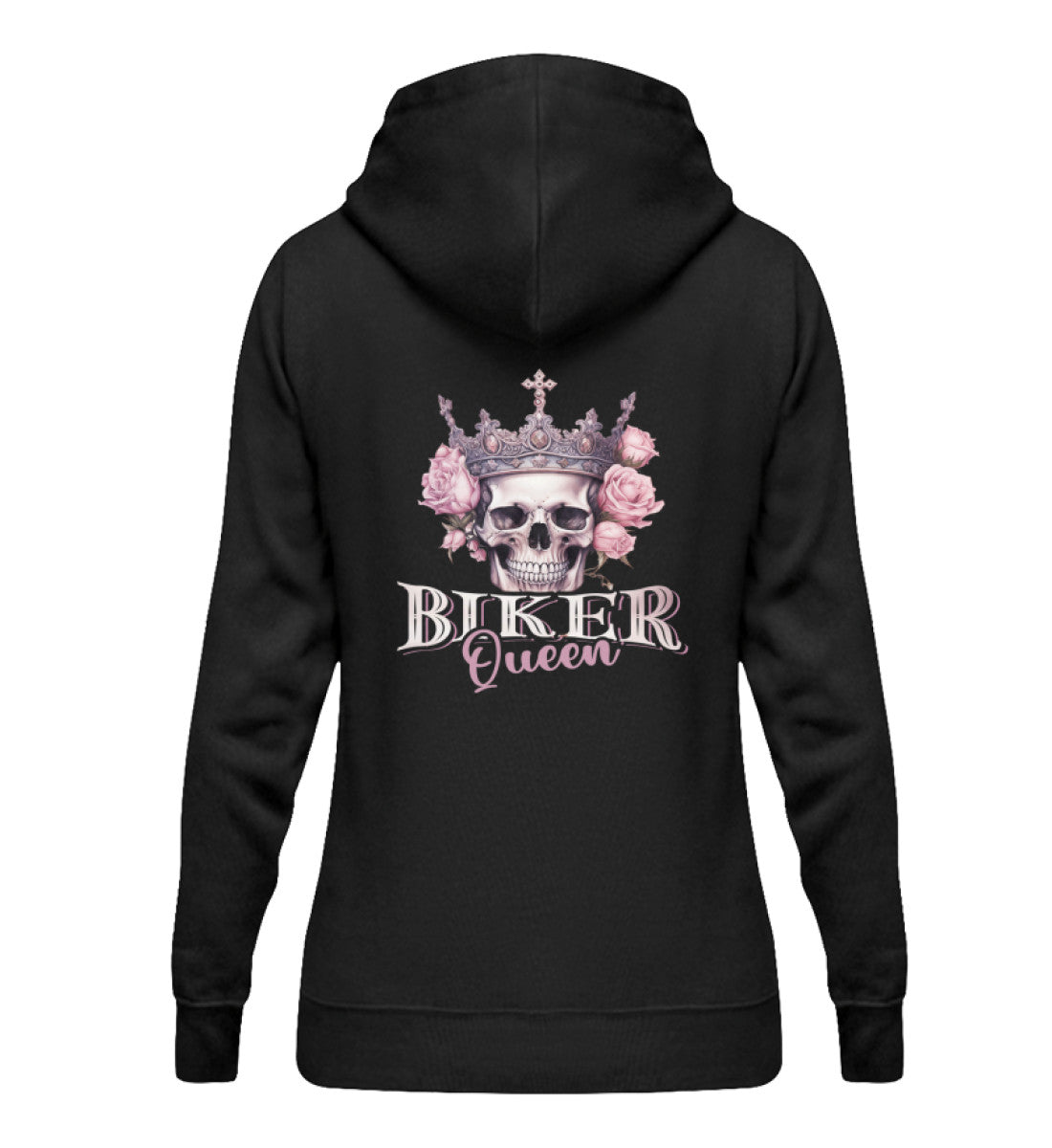 Ein Bikerin Hoodie für Motorradfahrerinnen von Wingbikers mit dem Aufdruck, Biker Queen - mit Back Print, in schwarz.