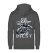 Ein Bikerin Zip-Hoodie für Motorradfahrerinnen von Wingbikers mit dem Aufdruck, Die Schöne und ihr Biest - in dunkelgrau.