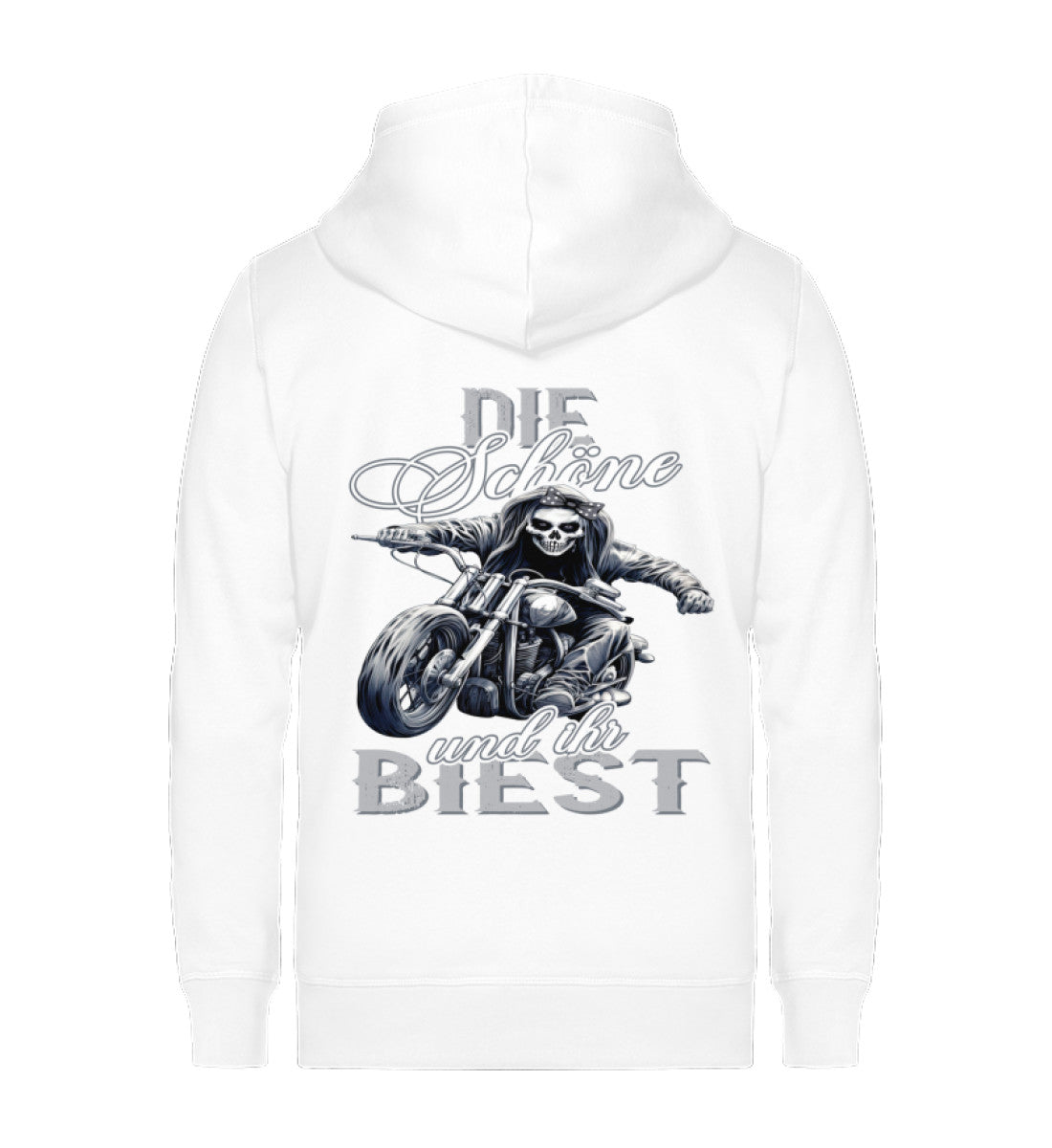 Ein Bikerin Zip-Hoodie für Motorradfahrerinnen von Wingbikers mit dem Aufdruck, Die Schöne und ihr Biest - in weiß.