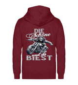 Ein Bikerin Zip-Hoodie für Motorradfahrerinnen von Wingbikers mit dem Aufdruck, Die Schöne und ihr Biest - in burgunder rot.