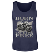 Ein Biker Tanktop für Motorradfahrer von Wingbikers mit dem Aufdruck,  Born to Live Free, in navy blau.