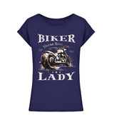 Ein Bikerin T-Shirt für Motorradfahrerinnen, von Wingbikers, mit dem Aufdruck, Biker Lady - im vintage Stil, in navy blau, leger geschnitten. 