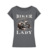 Ein Bikerin T-Shirt für Motorradfahrerinnen, von Wingbikers, mit dem Aufdruck, Biker Lady - im vintage Stil, in dunkelgrau, leger geschnitten. 