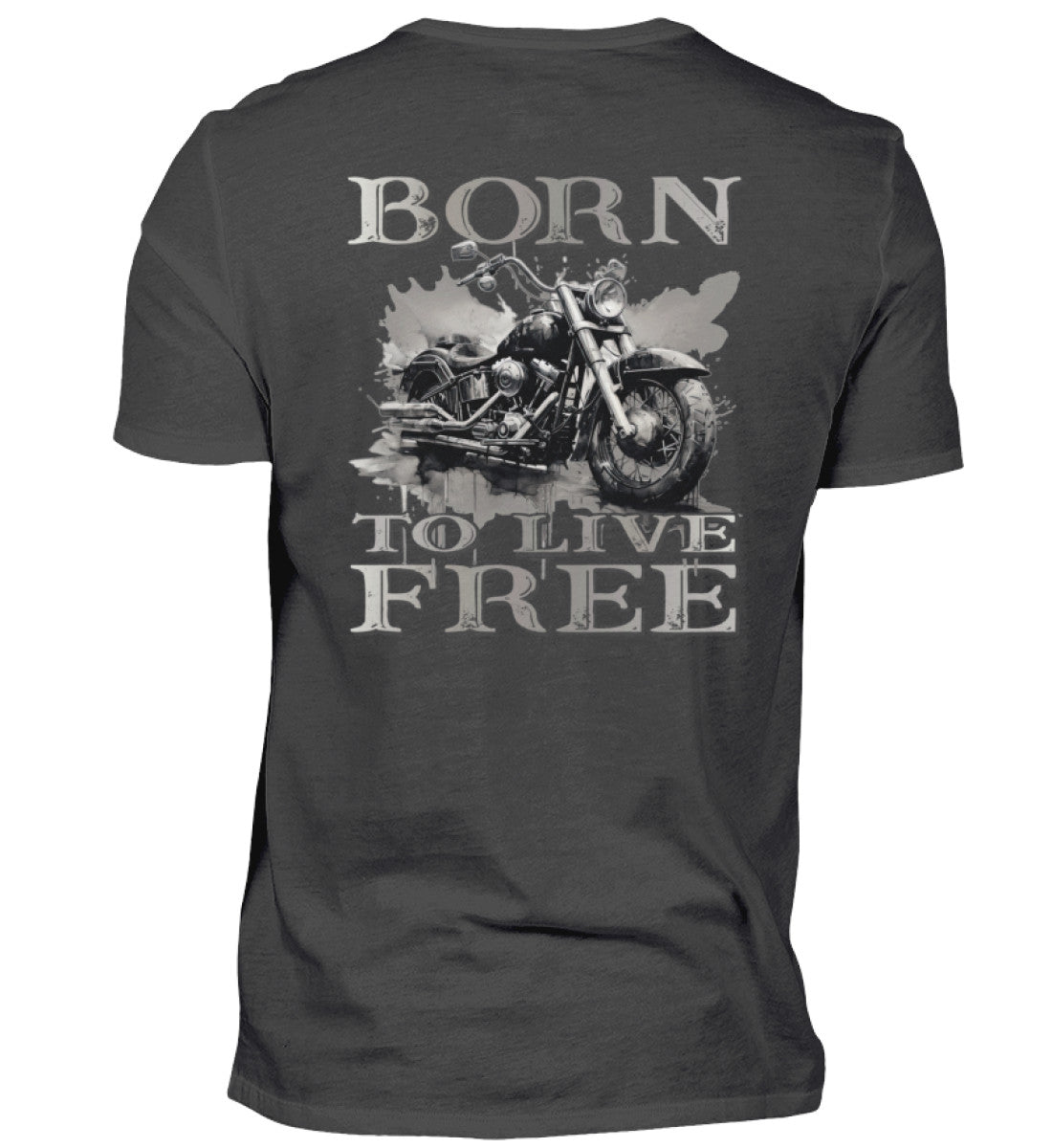 Ein Biker T-Shirt für Motorradfahrer von Wingbikers mit dem Aufdruck,  Born to Live Free - mit Back Print, in dunkelgrau. 