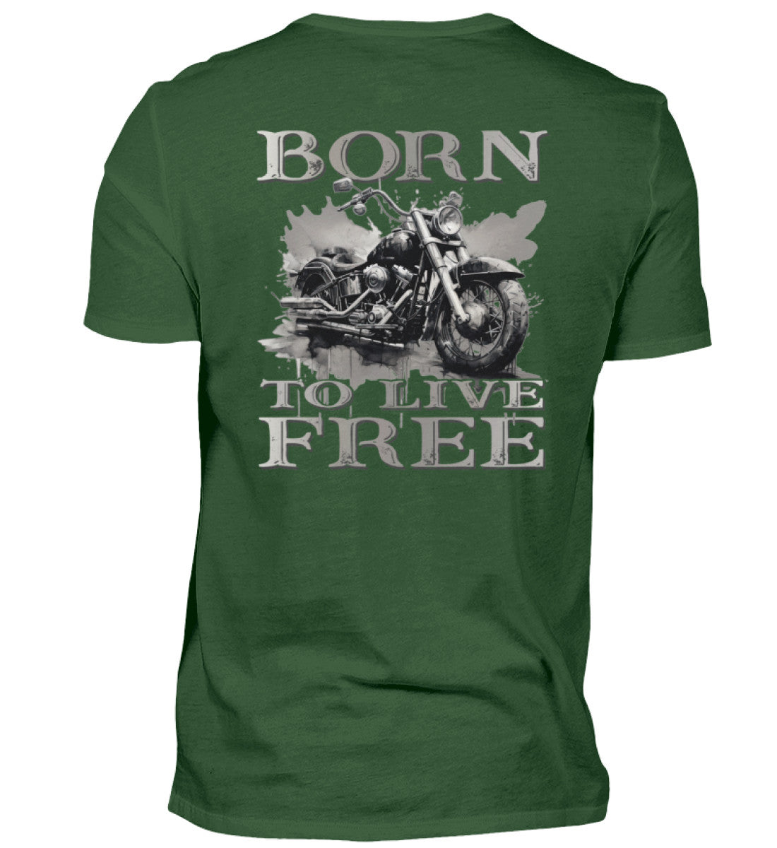 Ein Biker T-Shirt für Motorradfahrer von Wingbikers mit dem Aufdruck,  Born to Live Free - mit Back Print, in dunkelgrün. 