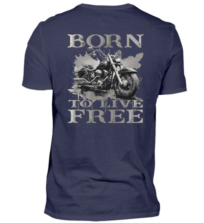 Ein Biker T-Shirt für Motorradfahrer von Wingbikers mit dem Aufdruck,  Born to Live Free - mit Back Print, in navy blau. 