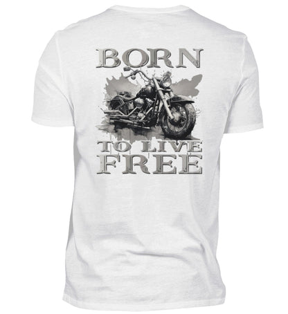 Ein Biker T-Shirt für Motorradfahrer von Wingbikers mit dem Aufdruck,  Born to Live Free - mit Back Print, in weiß. 