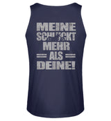 Ein Biker Tanktop für Motorradfahrer von Wingbikers mit dem Aufdruck, Meine schluckt mehr als deine! mit einem Motorrad, mit Back Print, in navy blau.