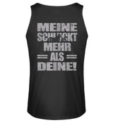 Ein Biker Tanktop für Motorradfahrer von Wingbikers mit dem Aufdruck, Meine schluckt mehr als deine! mit einem Motorrad, mit Back Print, in schwarz.