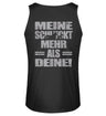 Ein Biker Tanktop für Motorradfahrer von Wingbikers mit dem Aufdruck, Meine schluckt mehr als deine! mit einem Motorrad, mit Back Print, in schwarz.