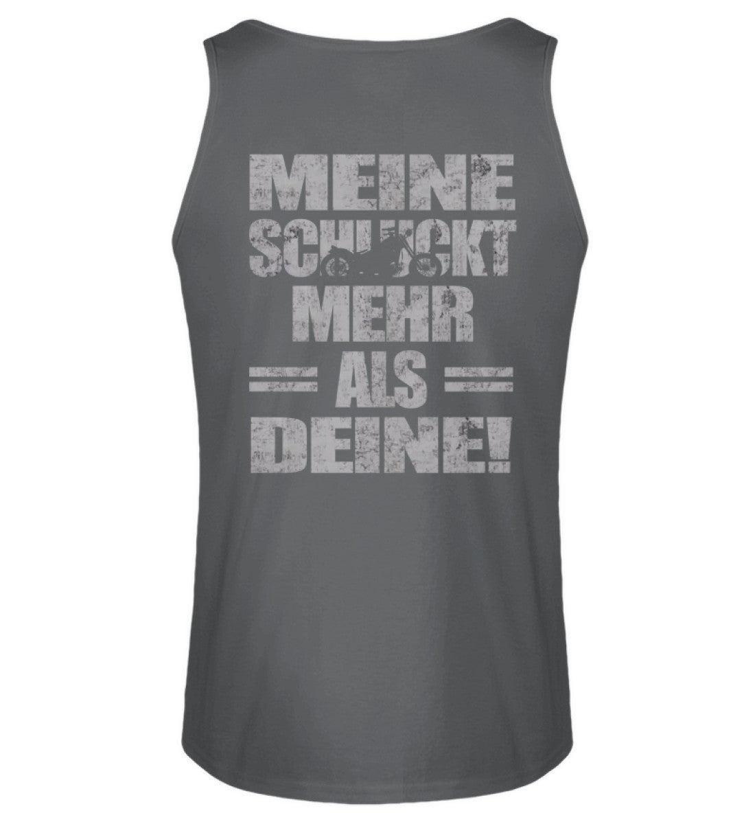 Ein Biker Tanktop für Motorradfahrer von Wingbikers mit dem Aufdruck, Meine schluckt mehr als deine! mit einem Motorrad, mit Back Print, in dunkelgrau.