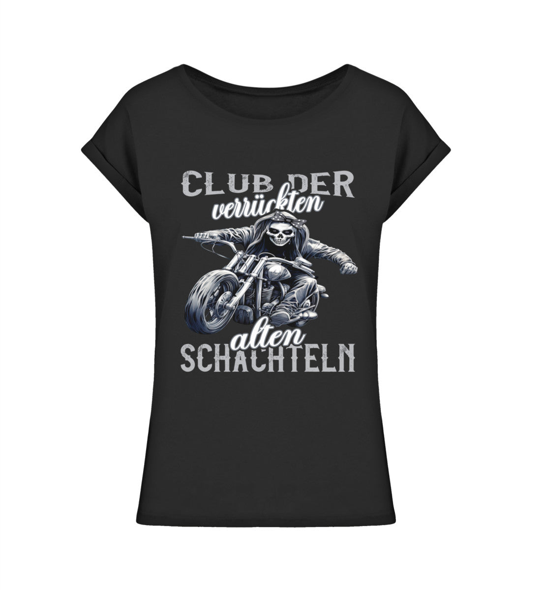 Ein Bikerin T-Shirt für Motorradfahrerinnen von Wingbikers mit dem Aufdruck, Club der verrückten alten Schachteln - leger geschnitten, in schwarz.