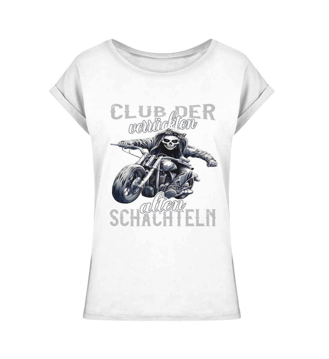 Ein Bikerin T-Shirt für Motorradfahrerinnen von Wingbikers mit dem Aufdruck, Club der verrückten alten Schachteln - leger geschnitten, in weiß.