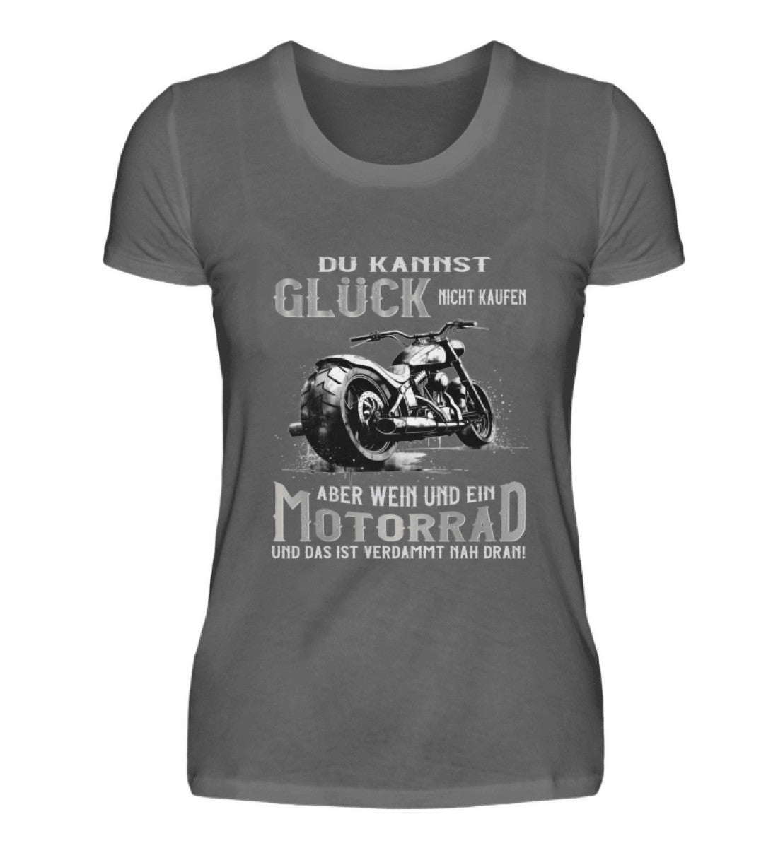 Ein Bikerin T-Shirt für Motorradfahrerinnen von Wingbikers mit dem Aufdruck, Du kannst Glück nicht kaufen, aber Wein und ein Motorrad und das ist verdammt nah dran! - in dunkelgrau.
