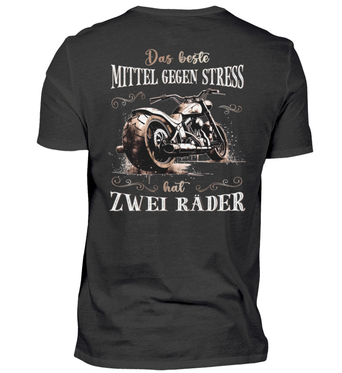 Ein T-Shirt mit Back Print für Motorradfahrer von Wingbikers mit dem Aufdruck, Das beste Mittel gegen Stress hat 2 Räder, in schwarz.