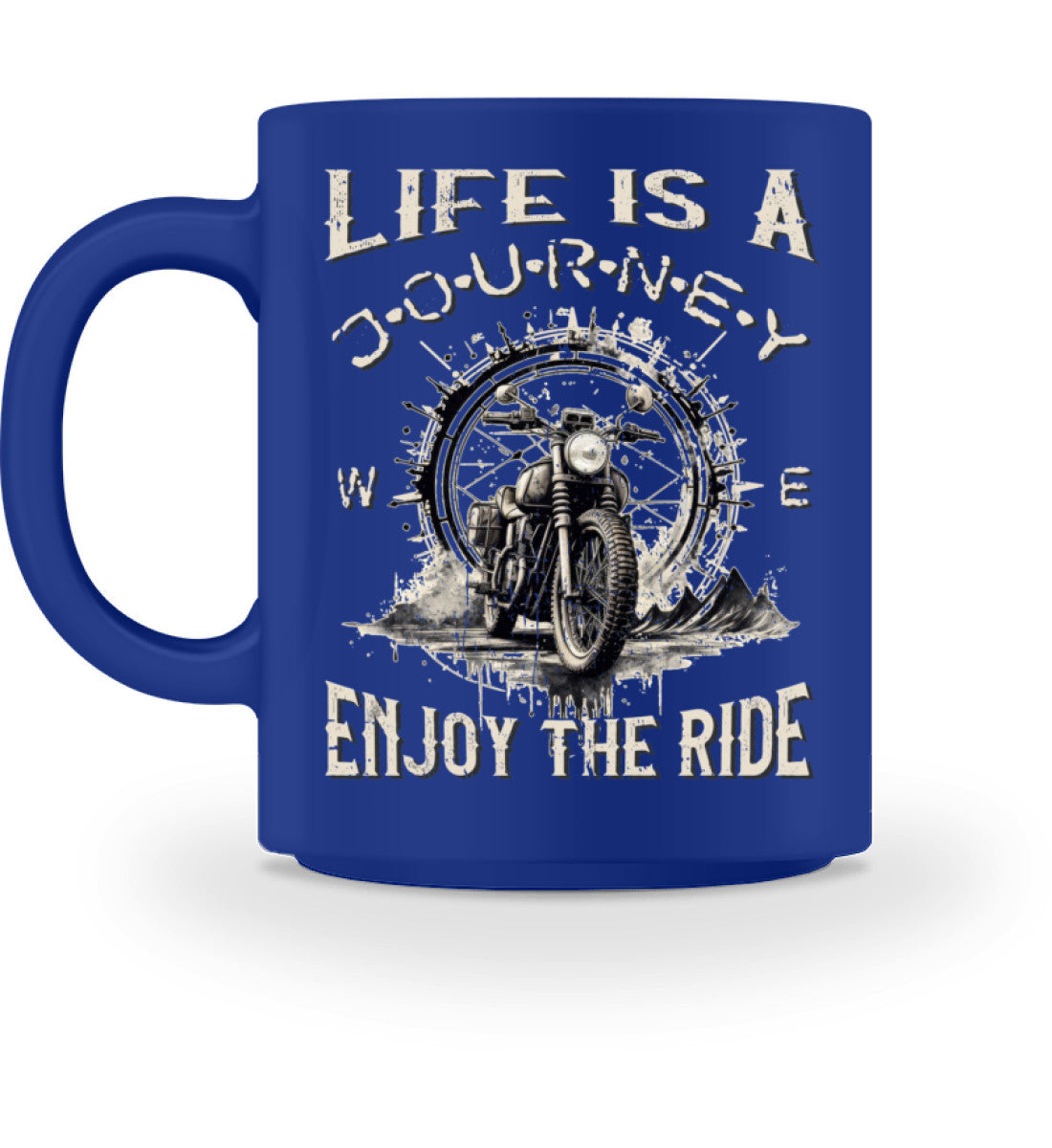 Eine Tasse für Motorradfahrer von Wingbikers, mit dem beidseitigen Aufdruck, Life Is A Journey - Enjoy The Ride, in royal blau.