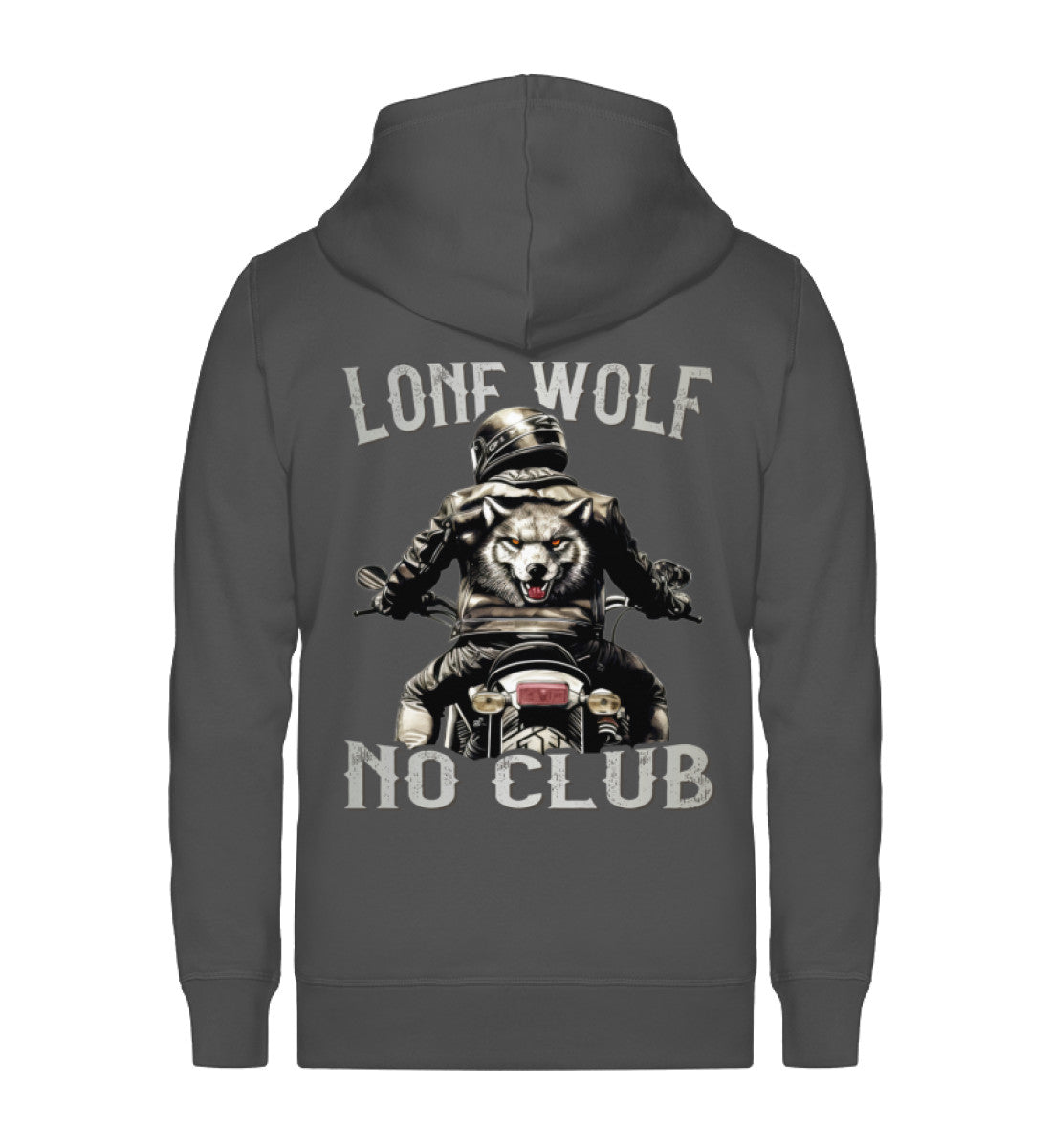 Eine Reißverschluss-Jacke für Motorradfahrer von Wingbikers mit dem Aufdruck, Lone Wolf - No Club, in dunkelgrau.