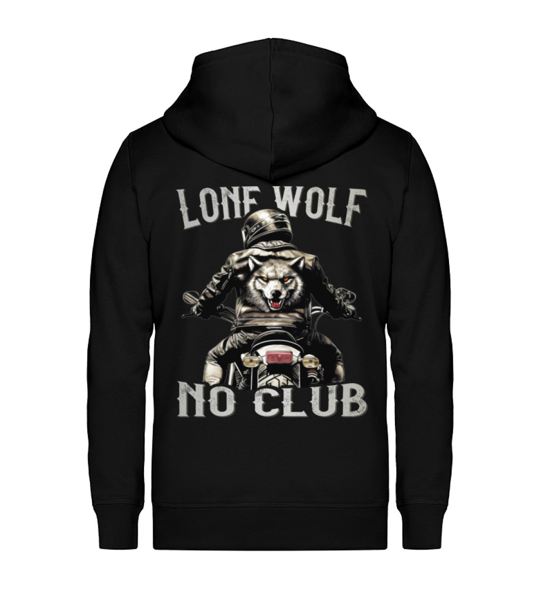 Eine Reißverschluss-Jacke für Motorradfahrer von Wingbikers mit dem Aufdruck, Lone Wolf - No Club, in schwarz.