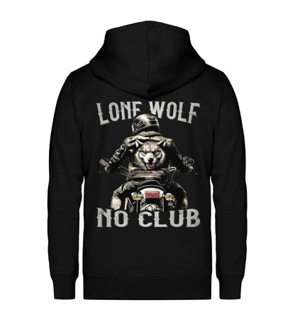 Eine Reißverschluss-Jacke für Motorradfahrer von Wingbikers mit dem Aufdruck, Lone Wolf - No Club, in schwarz.