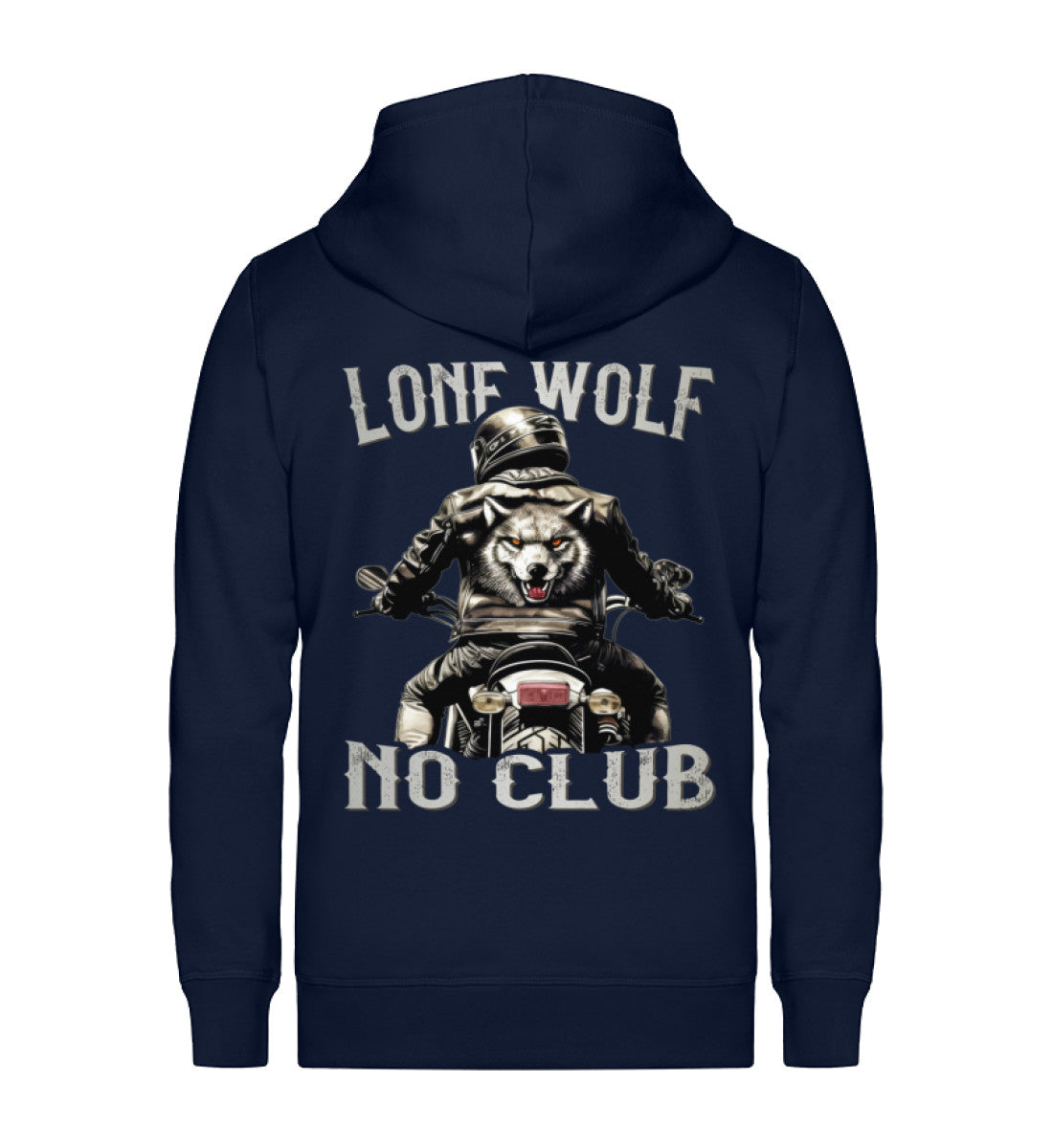 Eine Reißverschluss-Jacke für Motorradfahrer von Wingbikers mit dem Aufdruck, Lone Wolf - No Club, in navy blau.