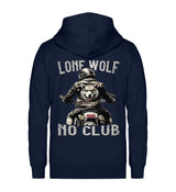 Eine Reißverschluss-Jacke für Motorradfahrer von Wingbikers mit dem Aufdruck, Lone Wolf - No Club, in navy blau.