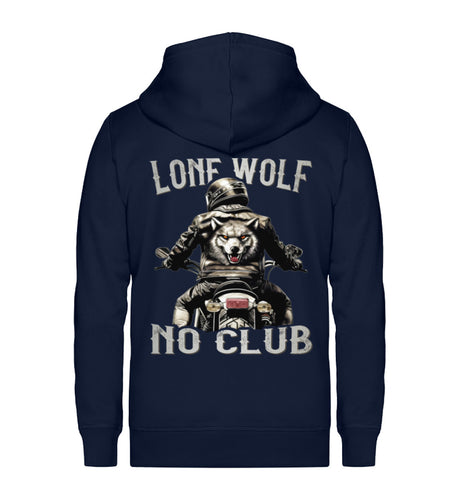 Eine Reißverschluss-Jacke für Motorradfahrer von Wingbikers mit dem Aufdruck, Lone Wolf - No Club, in navy blau.