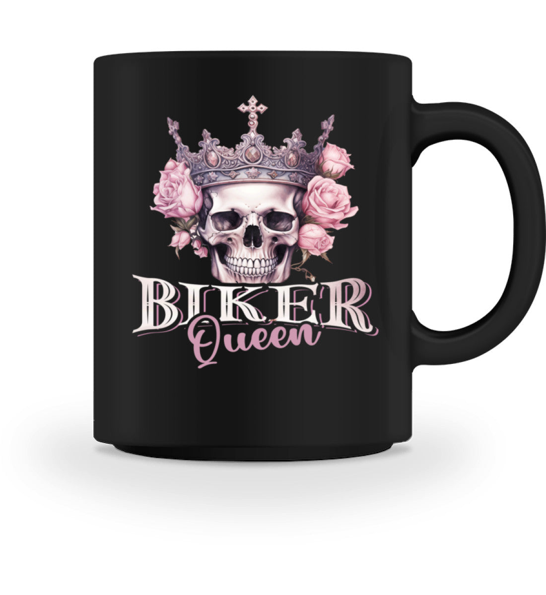 Eine Tasse für Motorradfahrerinnen von Wingbikers, mit dem beidseitigen Aufdruck, Biker Queen, in schwarz.