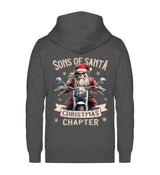 Eine weihnachtliche Reißverschluss-Jacke für Motorradfahrer von Wingbikers mit dem Aufdruck, Sons of Santa - Christmas Chapter, in dunkelgrau.