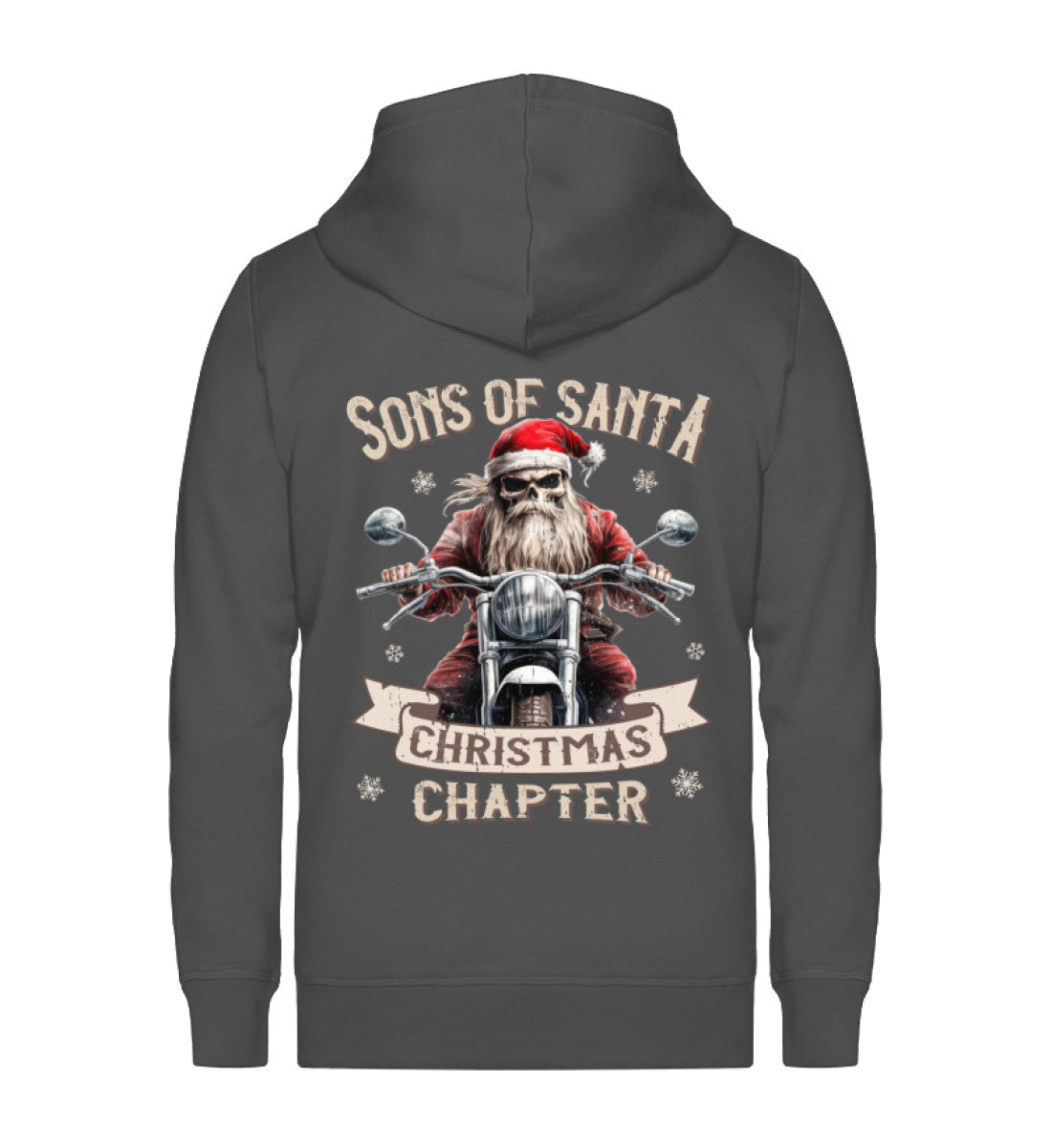 Eine weihnachtliche Reißverschluss-Jacke für Motorradfahrer von Wingbikers mit dem Aufdruck, Sons of Santa - Christmas Chapter, in dunkelgrau.