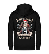 Eine weihnachtliche Reißverschluss-Jacke für Motorradfahrer von Wingbikers mit dem Aufdruck, Sons of Santa - Christmas Chapter, in schwarz.